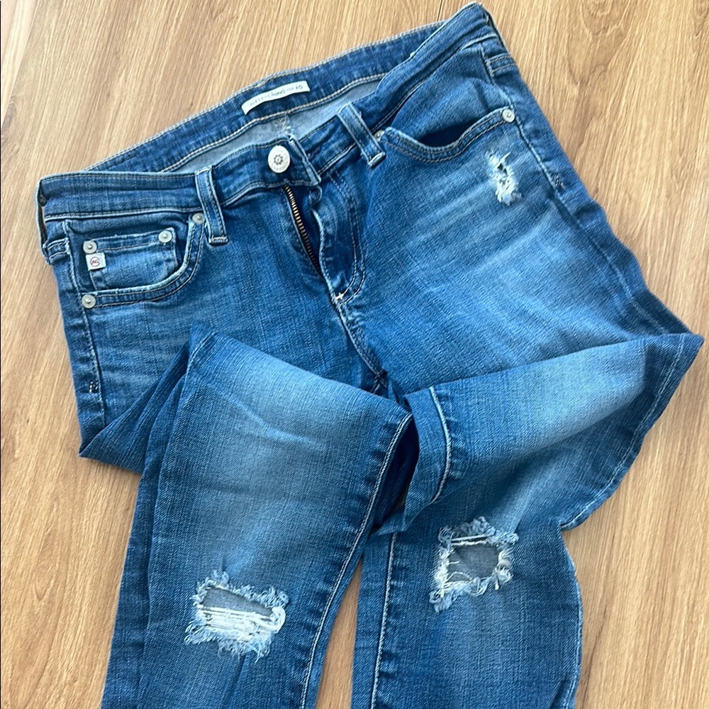Ag Adriano Goldschmied Blue Skinny Jeans with Distressed Details